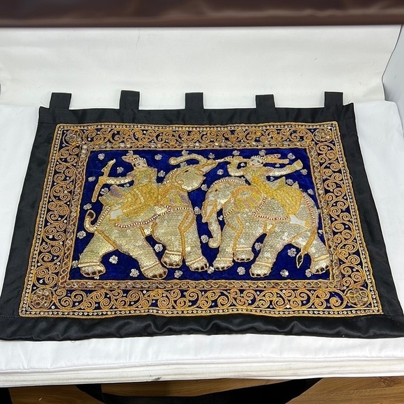 Burmese Kalaga Tapestry Wall Hanging. Elephants / Riders 23.5” x 18” x 2” loops